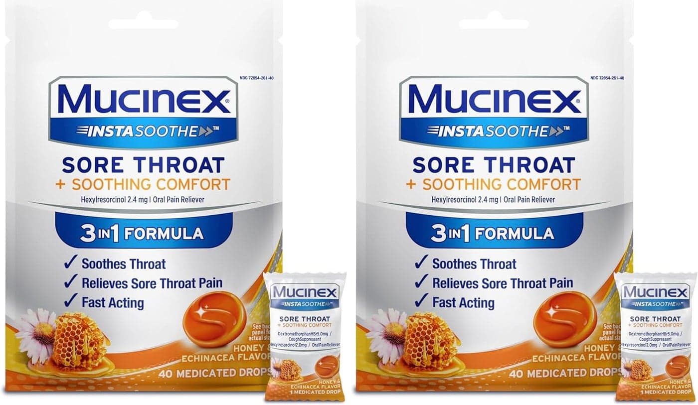 Mucinex InstaSoothe Sore Throat Soothing Comfort Honey Echinacea Flavor Fast Acting Powerful Sore Throat Oral Pain Reliever 40 Medicated Drops Pack of 2