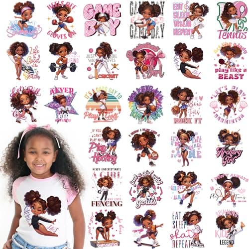 Dazoratix Black Girl Transfer Stickers 30 Sheets Cute Girls Iron on Patches Sport Ready to Press Hot Pink Heat Transfers Vinyl Appliques for Women TShirts DIY Crafts Hat Decals Clothing Deocrations