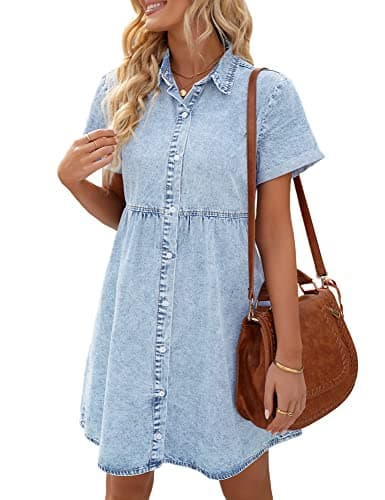 LookbookStore Jean Dresses for Women, Size L, 2025 Summer Babydoll Dress Short Sleeve Denim Shirt Dress, Roadknight Blue, Size 12 14
