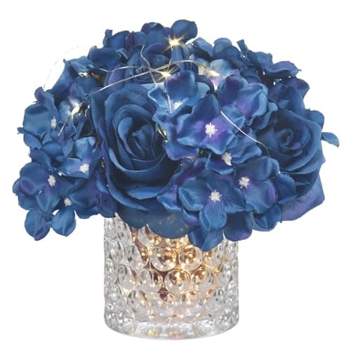 GreenHouzz Rose Silk Flower Arrangement Artificial Vivid Rose in Glass Vase with LED Light Elegant Centerpiece for Home Wedding Bathroom Table Shelf Decoration Navy Blue