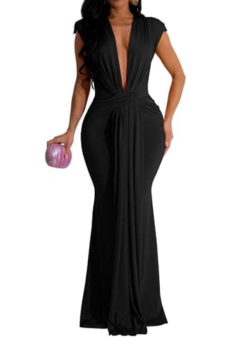 Memoriesea Women's Elegant Sleeveless Deep V Neck Bodycon Party Evening Gown Maxi Dress Black
