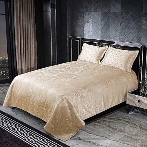 Victor Poly Cotton Styria Satin Bedcover for Double Bed/Luxury Damask Geometrical Extra Soft Bed Spread, Exclusive for Wedding (Bed Cover - 90" X 100", 2 Pillow Covers - 18" X 27"), Fawn