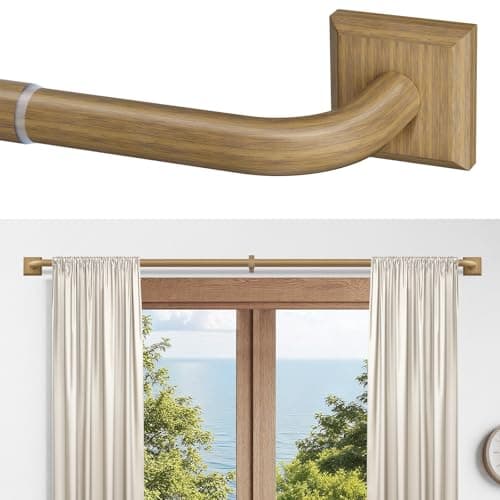Boho Wood Grain Curtain Rods for Windows 48-90Inch(4-7.5ft) Heavy Duty Wrap Around Blackout Curtain Rods, Adjustable Room Darkening Drapery Rod for Bedroom, Living Room & Outdoor, Stainless Steel