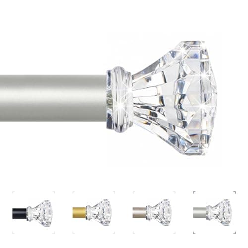 TVWOO Silver Decorative Crystal Curtain Rods 66 to 120 InchHeavy Duty Adjustable Window Curtains Rods for Living Room BedroomNickel Modern Girly Acrylic Drapery Rod with Clear Bling Diamond Finials
