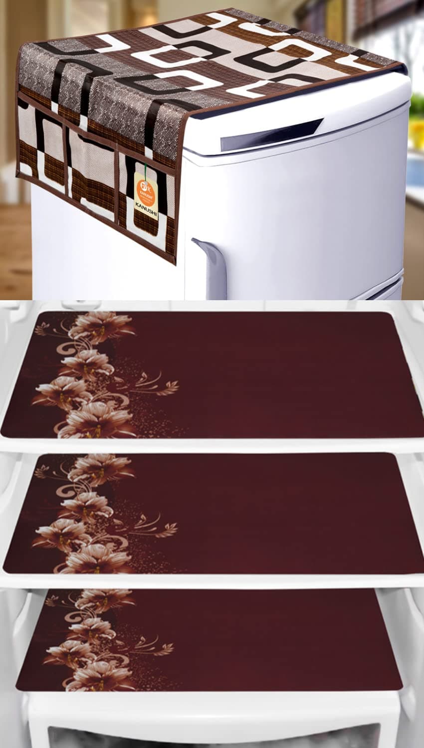 KANUSHI Industries® 1Pc Fridge Cover for Top with 6 Utility Pockets + 4 Fridge Mats (FRI-Brown-Box+M-11-04)
