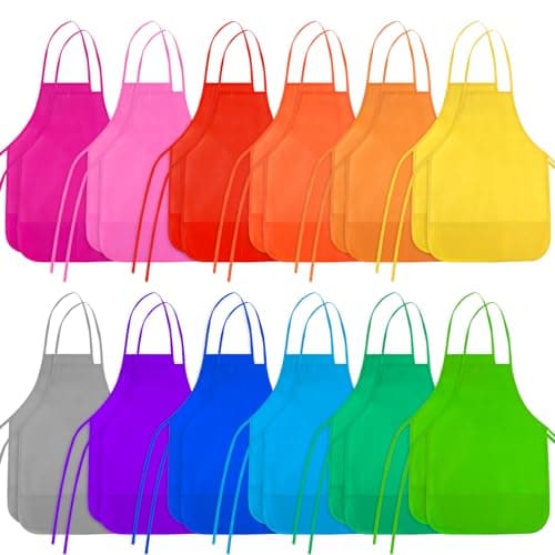 BOUBONI Kids Painting Aprons 24 Pieces 12 Colors Kid Art Apron with 2 Roomy Pockets Kids Aprons for Art Painting Activity Kitchen Crafts