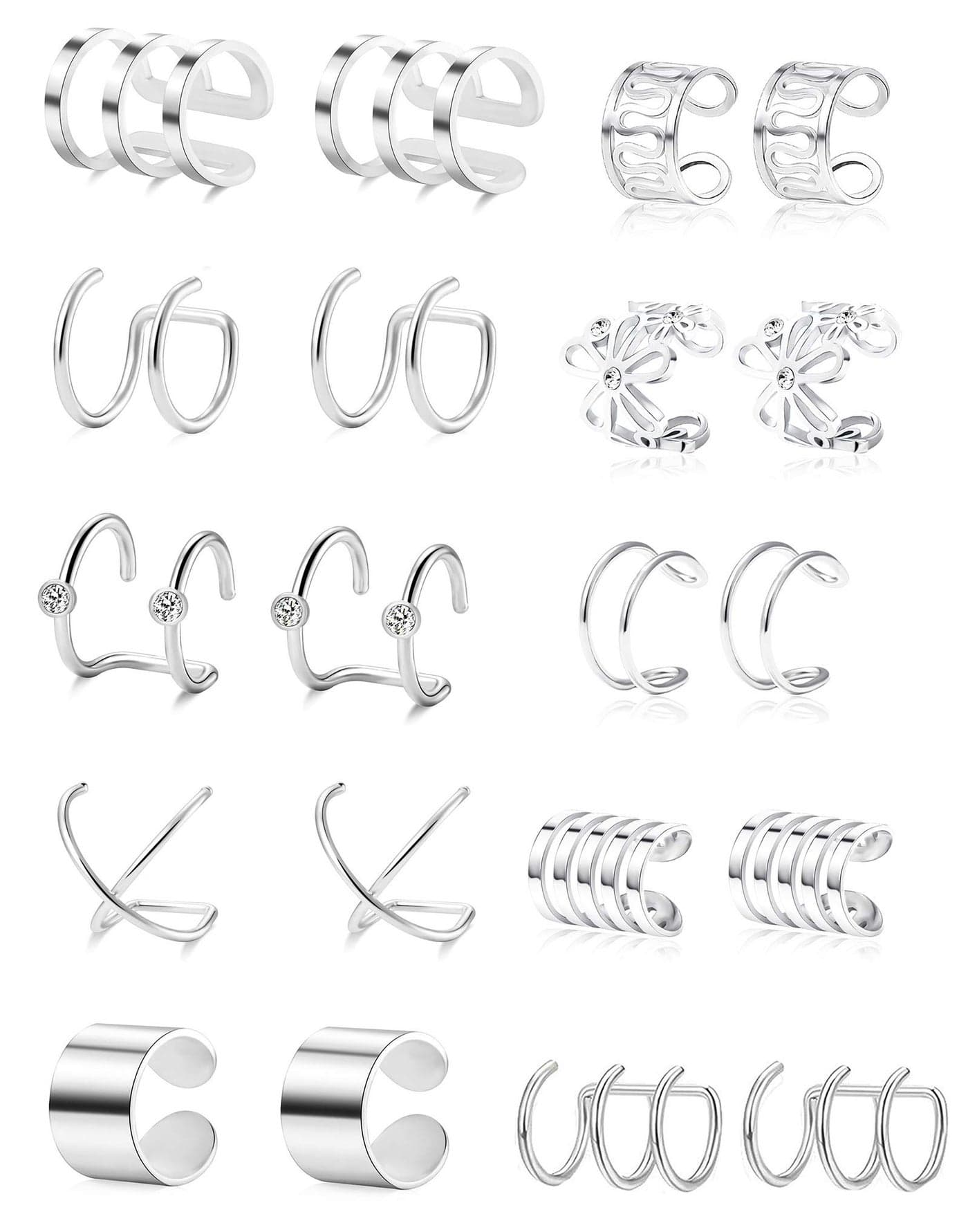 Tornito 4-10 Pairs Stainless Steel Ear Cuff Helix Cartilage Clip On Wrap Earrings Fake Nose Ring Non-Piercing Adjustable (A0:10 Pairs, Silver)