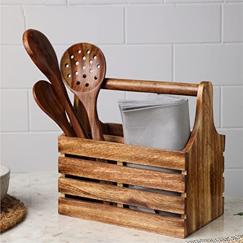 dudki Wooden Cutlery Holder | Spoon Stand for Dining Table | Chammach Stand | Cutlery holder | caddy organizer for Kitchen storage spoons forks knifes tissue paper Dispenser | Mango Wood 4 Section