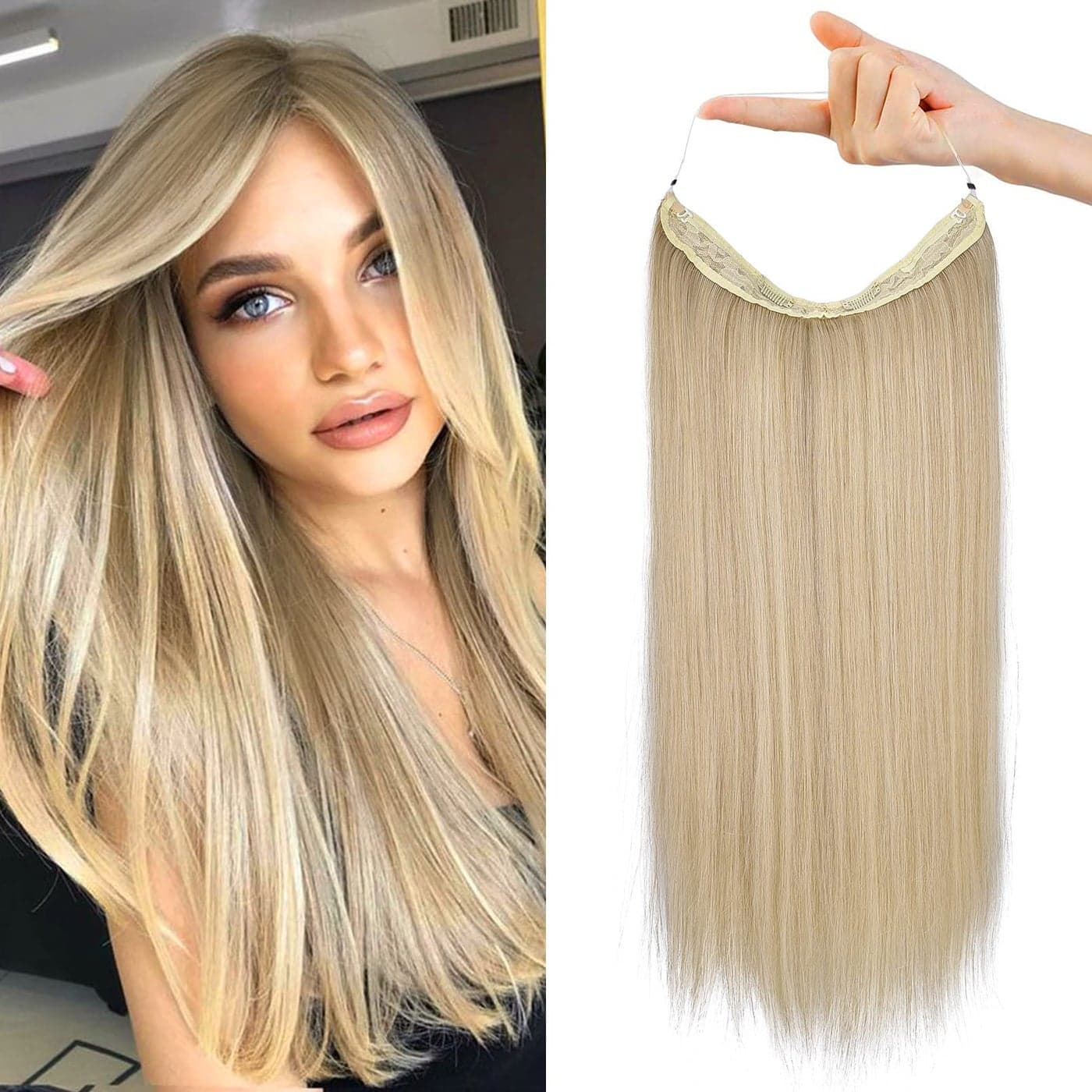 REECHO Invisible Wire Hair Extensions with Transparent Headband Adjustable Size Removable Secure Clips in Straight Secret Hairpiece for Women 16 Inch Pack of 1 Medium Blonde with Pale Highlights