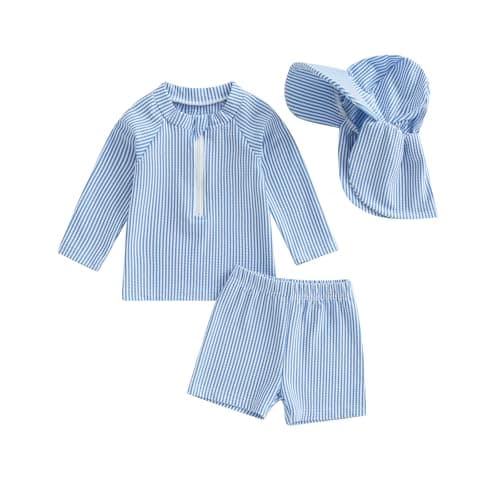 Nibbcoa Toddler Baby Boys Seersucker Long Sleeve Swimsuit Trunks Bathing Suit Swimwear with Hat 3Pcs Rash Guard Set (Blue, 6-12 Months)