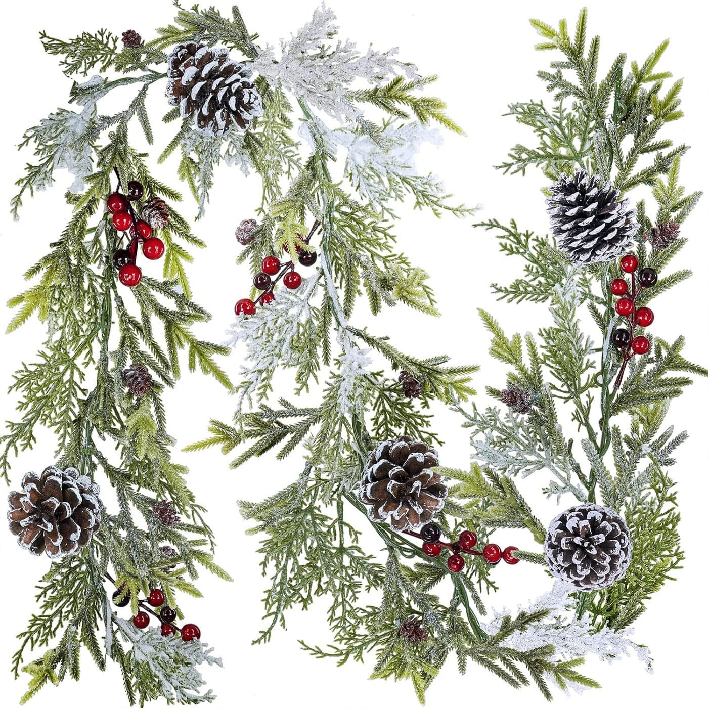 6 Long Snowy Artificial Pine and Cedar Christmas Garland with Pine Cones Red Berries Winter Greenery Garland for Christmas Wedding Winter Seasonal Holiday Table Runner Centerpiece Mantel Decoration