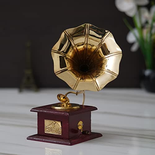 Fashion Bizz Handmade Vintage Dummy Gramophone Showpiece | Miniature Phonograph Model in Brass & Wood – Brown, Gold | Antique Home Décor Accent (10x10x22 CM) | Retro Tabletop Decoration