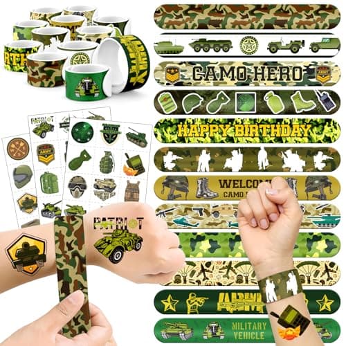 60 PCS Army Party Favors Set 36 Temporary Tattoos 24 Slap Bracelets for Kids Perfect for ArmyThemed Birthday Supplies Classroom Rewards and Military Party Decorations