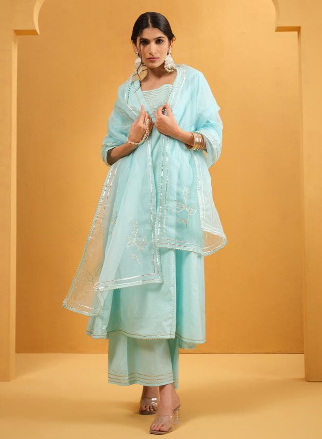 Women's Sky Blue Cotton Embellished A-Line Tunic Upperwear Calf Length Palazzo Bottomwear Flowy 3 Peice Kurta Set