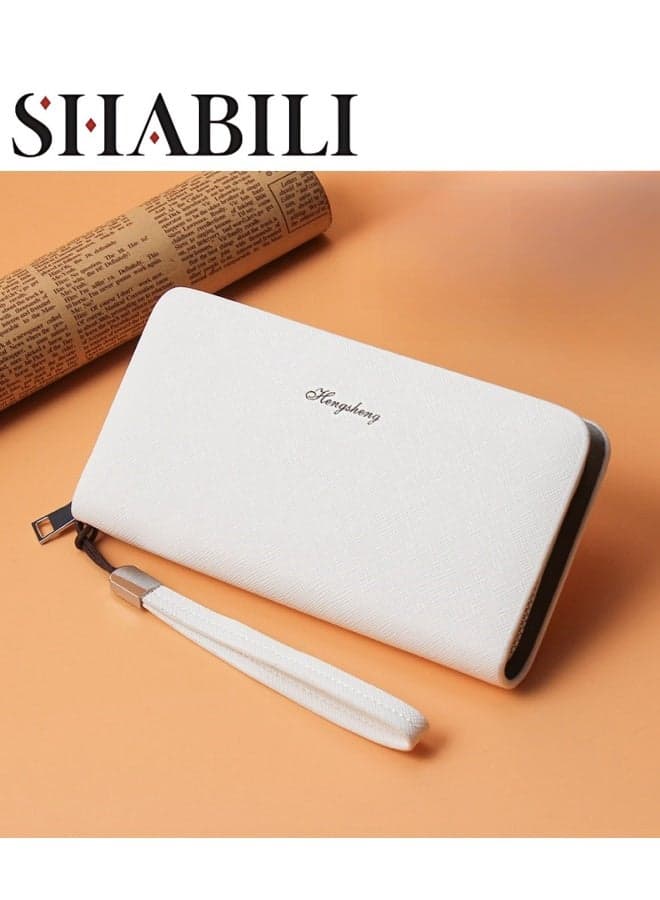 Unisex White Long Edition Wallet, Men's and Women's PU Leather Coin Purse Card Holder Clutch Bag, Portable Passport Bag for Boys, Girls, Teens, Ladies and College Students
