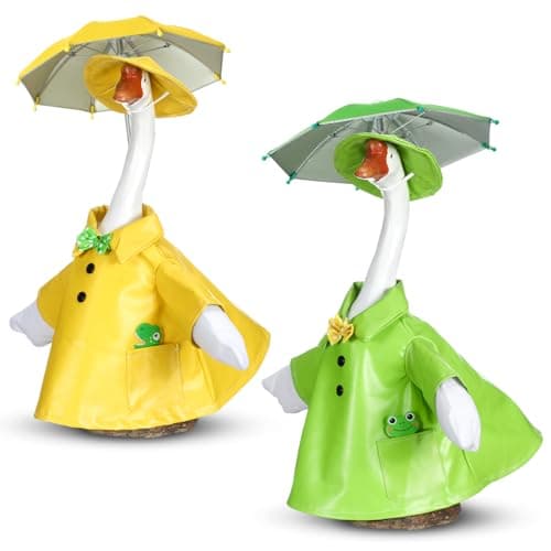 Realspring 2 Set Raincoat Porch Goose Outfit and Umbrella 23" Cement Dress Clothes Spring Goose Outfit for Spring Summer Patio Lawn Garden Yard Decor(Gardening)(Gardening)