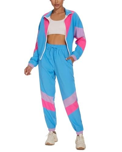UOUA Women's Color Block 2 Piece 80s 90s Outfits Long Sleeve Windbreaker Jacket Tracksuit Set Blue M