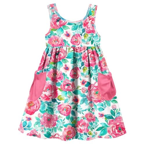 Vieille Little Girls Sleeveless Dresses Size 6 7 Pink Flower Sundress Kids Summer Casual Outfits with Big Pocket