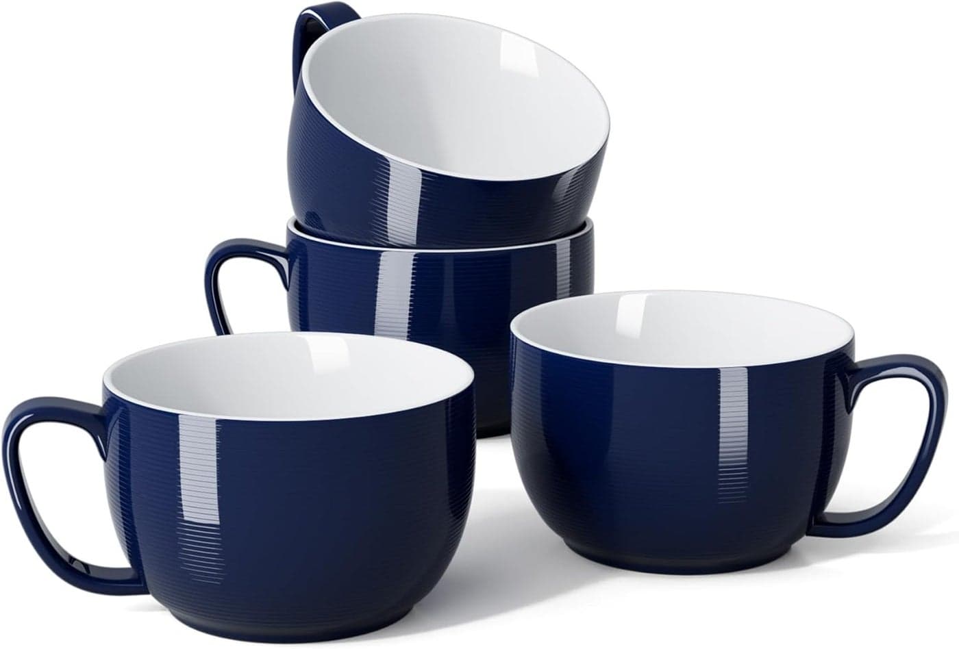 Teocera Porcelain Coffee Mugs Soup Mugs Bowls with Handle 24 oz Latte Mugs Set of 4 Striped Design Navy