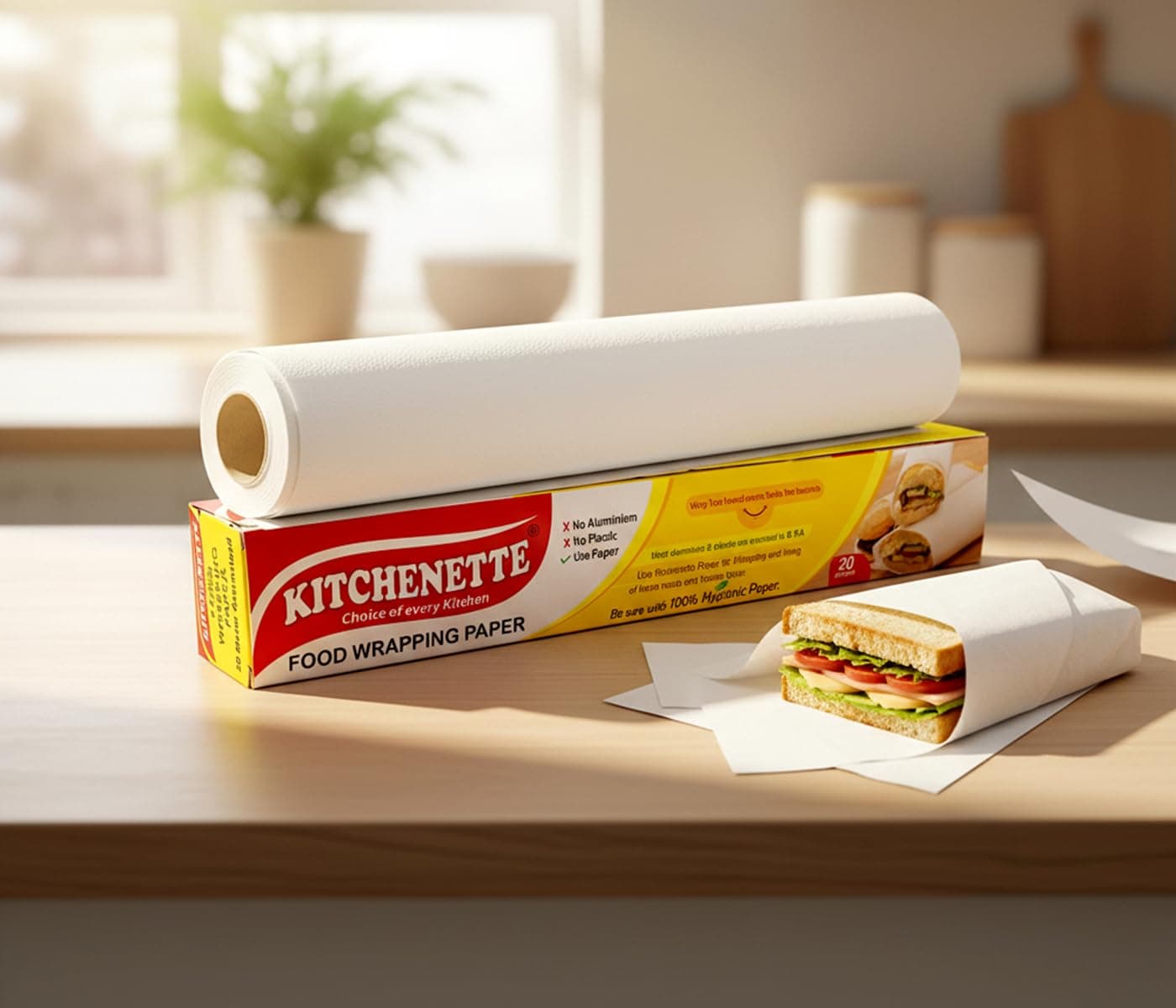 KITCHENETTE Butter Paper Roll 20m | Food Grade Non Stick Greaseproof Paper | for Roti Wrap, Tiffin Lunch Packing, Baking | Microwave Oven Freezer Safe up to 220°C | Eco Friendly