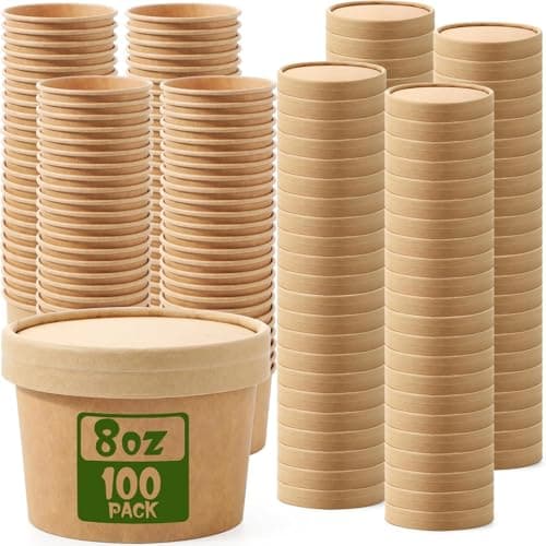 Amit Marketing 250 ML Round Brown Paper Food Container with Lids, Disposable Take Out Storage Box for Hot/Cold Foods, Party Supplies for Soup, Salad, Dessert, Pasta, Noodles (20 pcs)