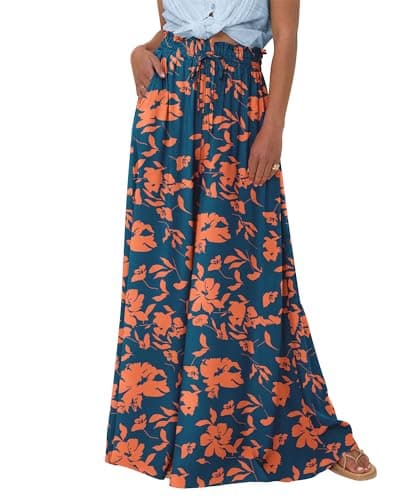 BTFBM Women Casual High Waist Wide Leg Pants 2025 Summer Fall Long Palazzo Pants Pocket Lounge Vacation Beach Trousers(Print Dark Blue Orange, Large)