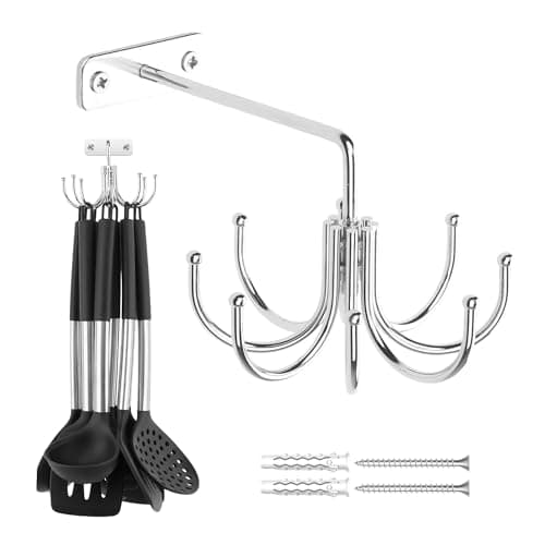 ZEDODIER Kitchen Cooking Utensil Holder, 360° Rotating Kitchen Hooks for Hanging Utensils, Heavy Duty Metal Utensil Rack with 8 Storage Capacity for Utensil, Towel, Pot, Glove, Aprons, Silver