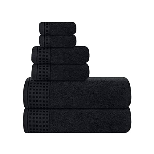 GLAMBURG 100 Cotton Ultra Soft 6 Pack Towel Set Contains 2 Bath Towels 28x55 Inches 2 Hand Towels 16x24 Inches 2 Wash Coths 12x12 Inches Compact Absorbent Lightweight Quickdry Black