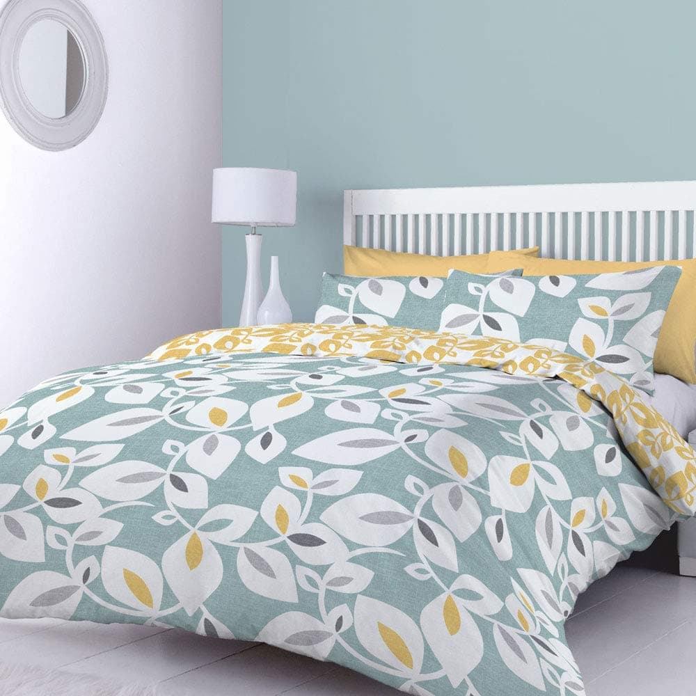Catherine Lansfield Inga Leaf Reversible Single Duvet Cover Set with Pillowcase Teal Green