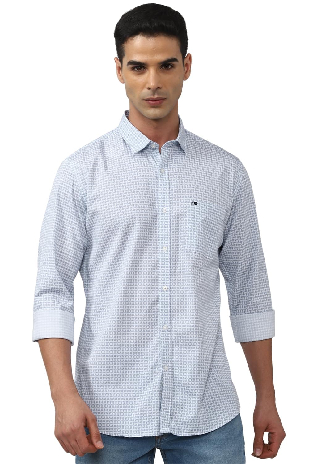 Peter England Men's Everyday Ditsy Print Slim Fit Full Sleeve Casual Shirt|100% Cotton,44,Light Blue