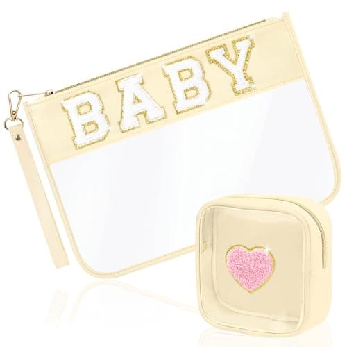 BuyCard 2 Pcs Preppy Patch Clear Baby Bag, Women Chenille Letter Makeup Cosmetic Bag for Travel, PVC Waterproof Organization Outdoor Zipper Pouch Toiletry Bag for Women Girl