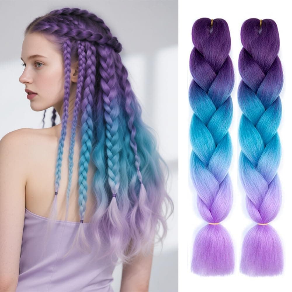 SHUOHAN 6 Packs Ombre Jumbo Braiding Hair Extensions 24 Inch High Temperature Synthetic Fiber Hair Extensions for Box Braids Braiding Hair Purple to Lake Blue to Light Purple
