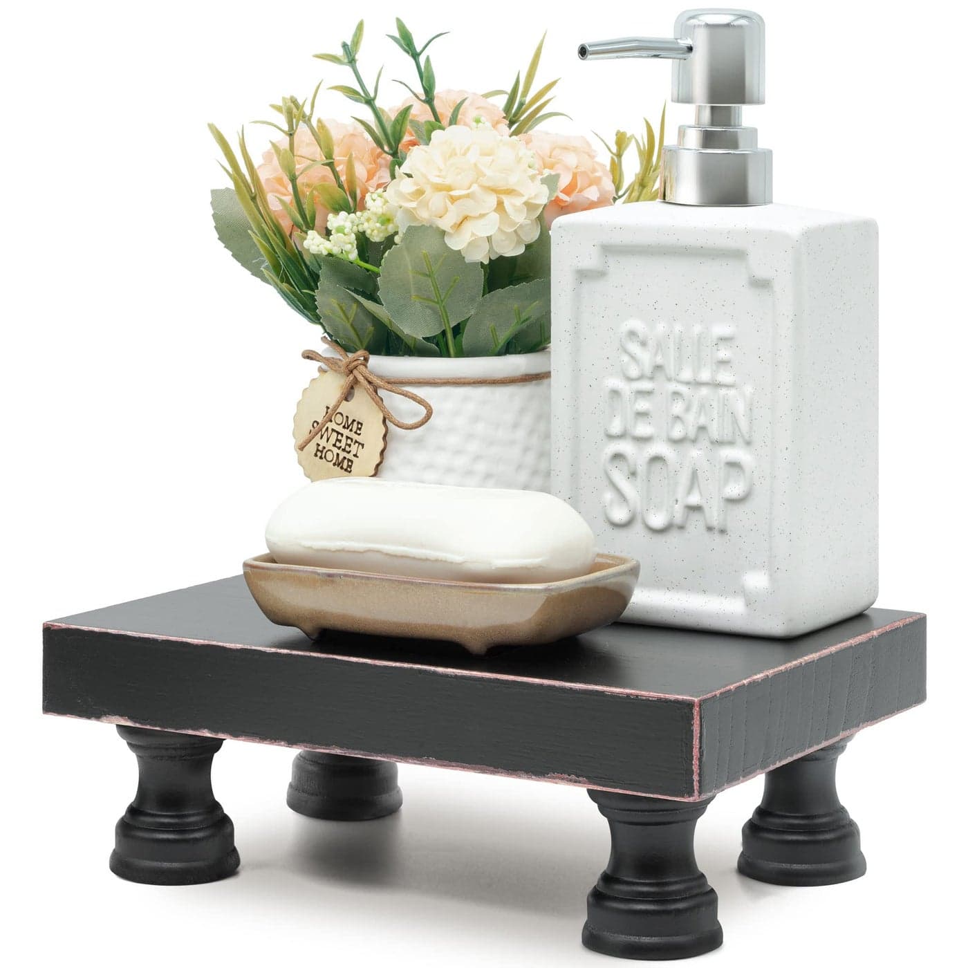 EOSAHR Modern Pedestal Stand for Kitchen Decor Decorative Wood Riser for Display and Farmhouse Soap Dispenser Tray and Sponge Holder Retro Countertop Organizer for Counter and Sink Black