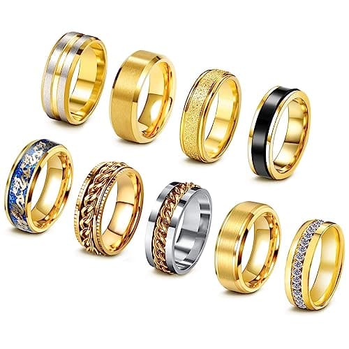 EIELO 9Pcs Stainless Steel Band Rings for Men Women Cool Fidget Spinning Chain Ring Anxiety Relief Fashion Simple Wedding Engagement Golden Ring Set Size10