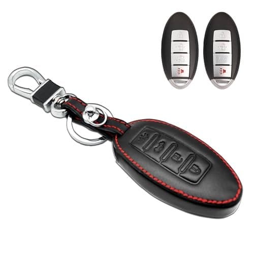 MECHCOS Compatible with Nissan Altima Armada Frontier GT-R Kicks Leaf Maxima Murano Pathfinder Rogue Select Sentra Titan Versa Versa Note Infiniti QX80 Leather Key Fob Cover Case Keychain Protecter