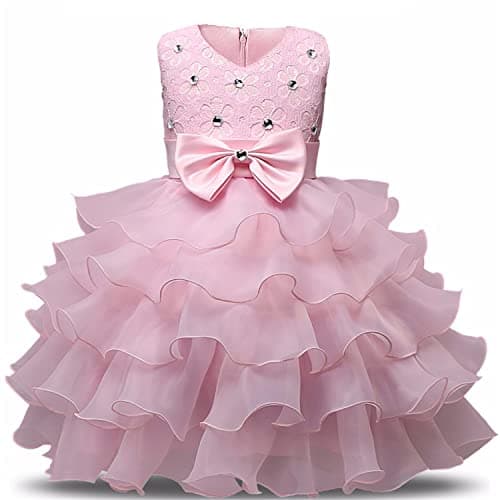 NNJXD Girl Dress Kids Ruffles Lace Party Wedding Dresses Size (130) 5-6 Years Pink