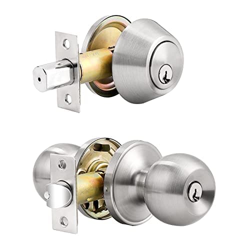 Probrico Entry Door Knob with Single Cylinder Deadbolt Set Brushed Nickel Entry Door Lock Set with Key