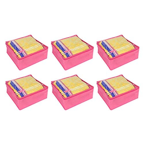 PrettyKrafts Flower Design Top Transparent 9 Inches Saree Cover/Bag for Wardrobe/Organizers for Clothes/Storage Bag with zip set of 6 (Pink)