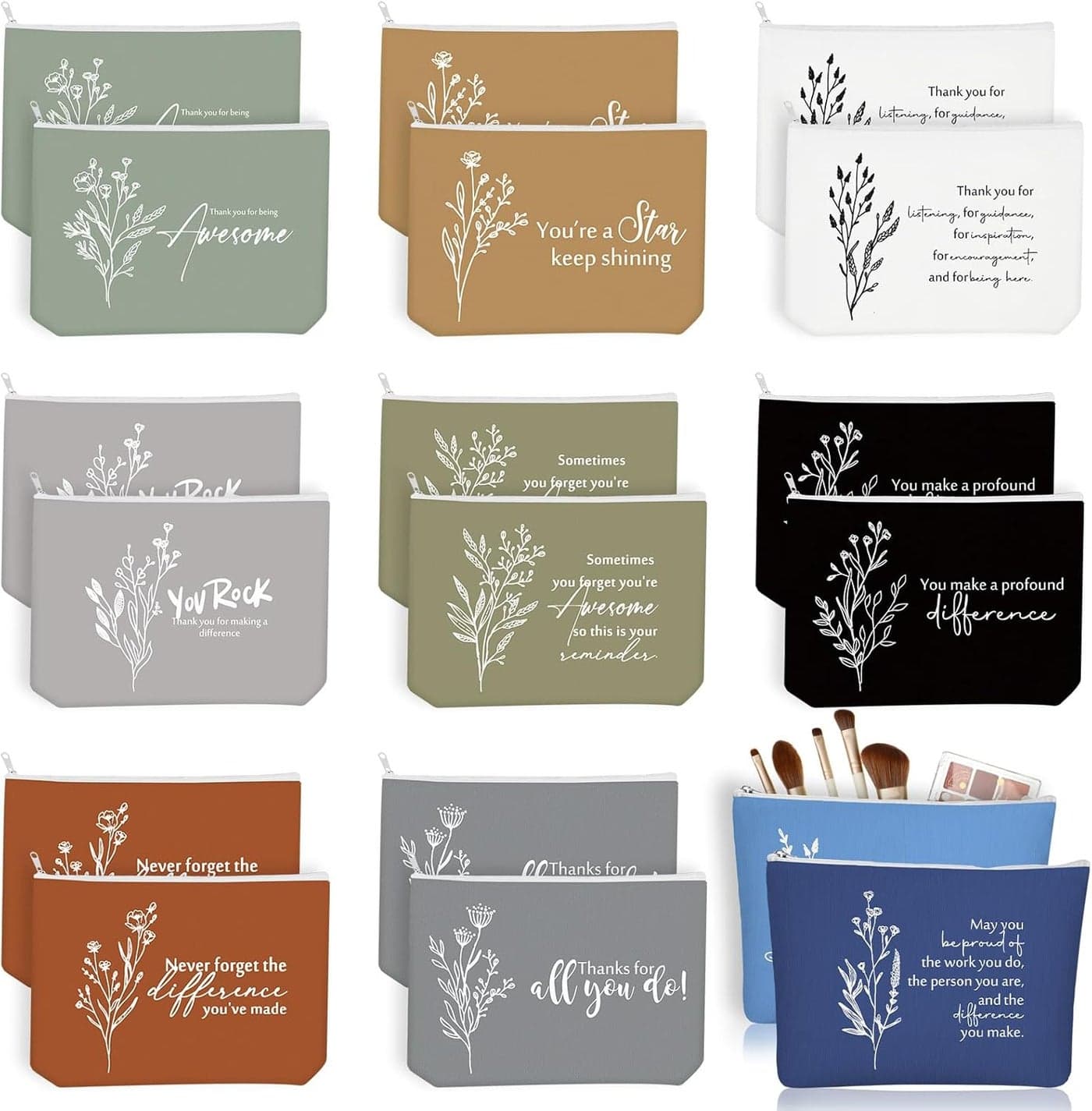 Sieral 20 Pcs International Day Gifts Canvas Makeup Bags Bulk Inspirational Cosmetic Bag Pouch with Zipper for Women Employee Appreciation Thank You Gifts for Coworker Staff(Boho Flower)