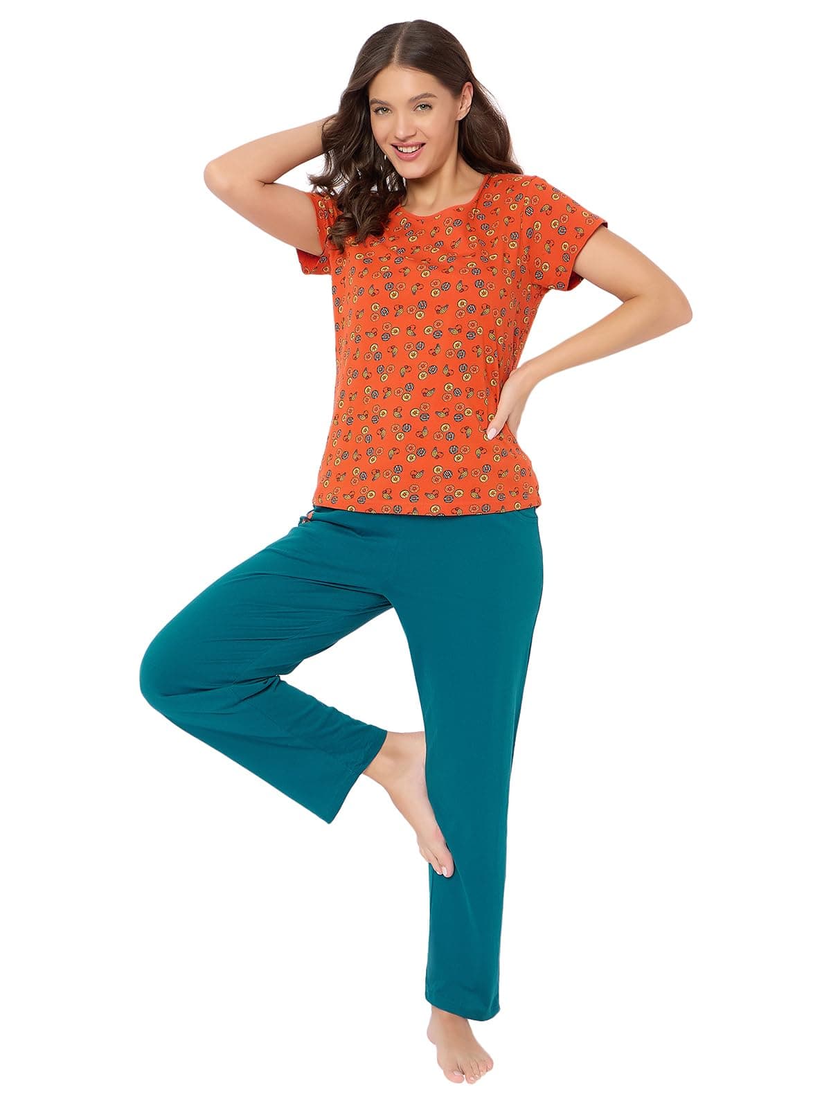 Clovia Women's Cotton Printed T-shirt & Pyjama Set (LS0039P16_Orange_XXL)