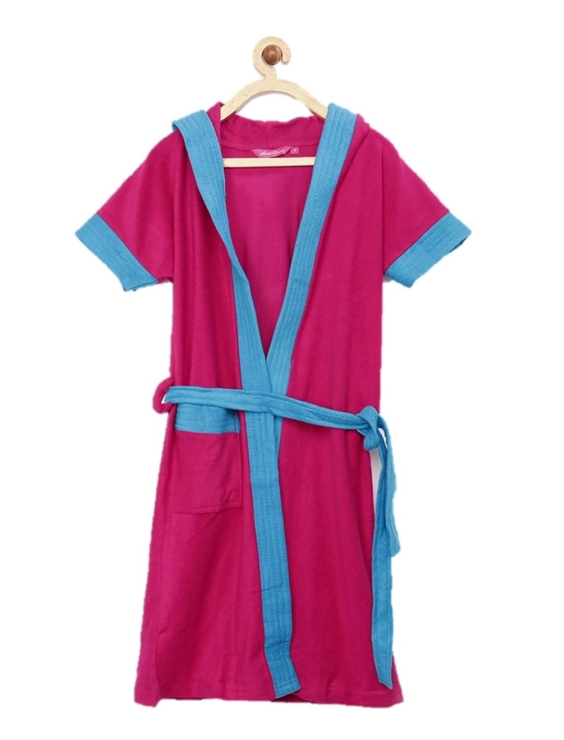 Sand Dune Set of 2 Kids Hood Bathrobe for Boys Terry Cotton Bathrobe Gown Half Sleeves Knee Length Pocket with Waist Belt Combo of 2 Children Hodded Bath Robe is Available for Age Group Between 4 to 13 Years Available in 2 Colors Turquoise Rani Pink with Border Pack of 2