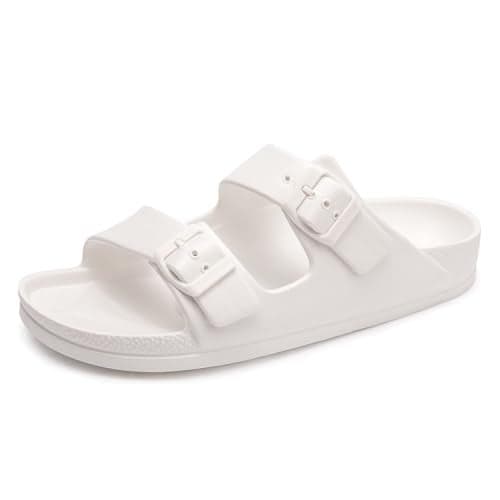 FUNKYMONKEY Women's Comfort Slides Double Buckle Adjustable EVA Flat Sandals (9 M US-Women, White)