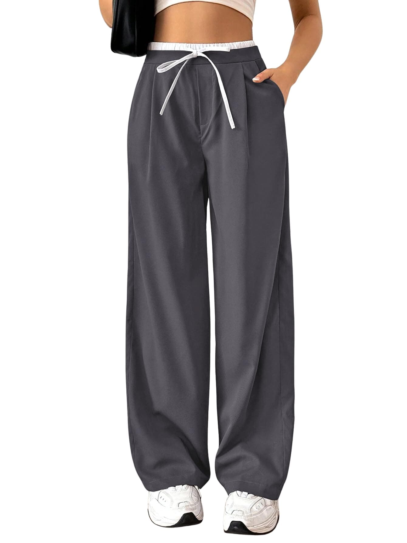 Leriya Fashion Women High Rise High Waist Wide Leg Trousers | Casual & Formal Pants |Loose Fit Track Pants | Gymwear | Cargo Pants | Elegant Office Wear | Stylish Jeans Look (LF-TR1167-L-GREY)