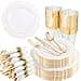 Liacere 350PCS Gold Plastic PlatesDisposable White and Gold Plates 50guest Baroque Plastic Dinnerware include 100Plates 50Pack Pre Rolled Napkins with Silverware 50Cups for WeddingNew Years