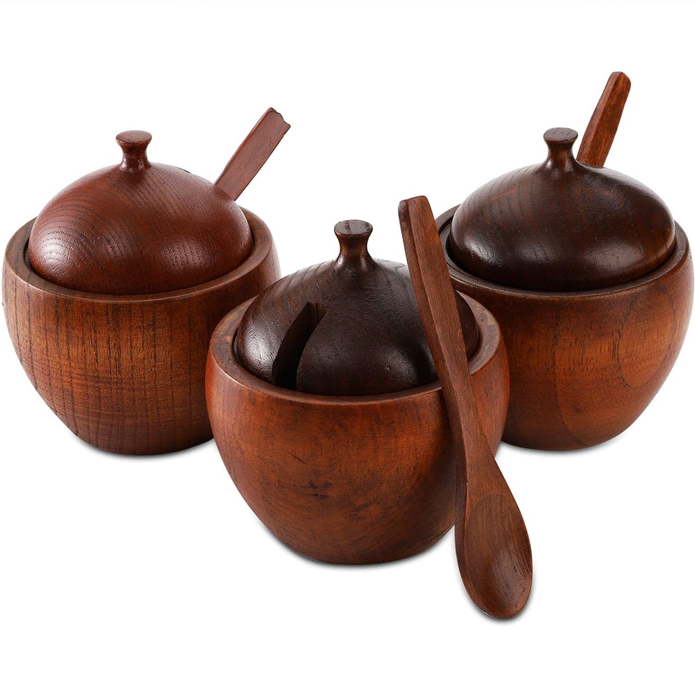 DEAYOU 3 Pack Wood Salt Box Spice Jar Natural Wooden Salt Cellar with Lid and Spoon Sugar Bowl Pepper Seasoning Container Holder Keeper for Kitchen Serving Condiment Japanese Style