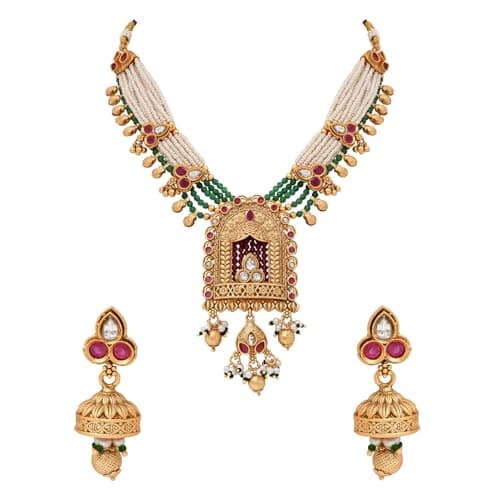 I Jewels Gold Plated Traditional Antique Brass Lakshmi Motif Pearl Necklace With Earring Jewellery Set For Women (Green)