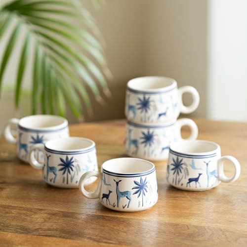 ExclusiveLane 'Deer & Floral' Ceramic Tea Cups Set of 6 for Tea Cups Ceramic (Set of 6, 150 ml, Microwave Safe, White & Blue)| Coffee Cup Set Ceramic Cups for Tea Cup Chai Cups Drinkware