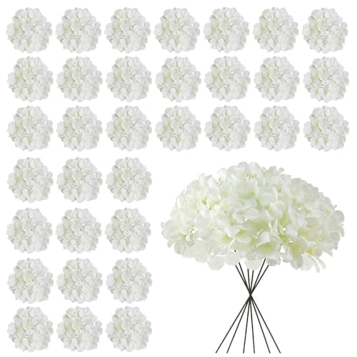 Cherica White Hydrangea Artificial Flowers Bulk 30 Pcs Faux Hydrangea Flowers Heads Artificial Fake Silk Hydrangea Flowers with Stems White Flowers Artificial for Decoration Wedding Dcor