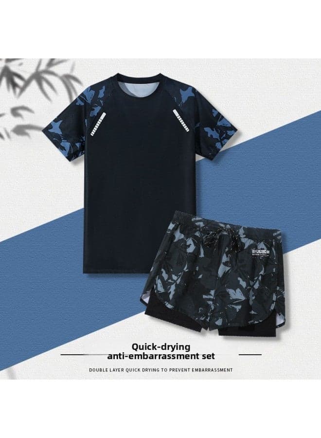 Men's Swimming Trunks Fake Two-piece Printed Fashionable Comfortable Breathable Plus Size Conservative Anti-embarrassment Swimming Pool Vacation Hot Spring Swimsuit-Color:Navy Blue Printed Suit-