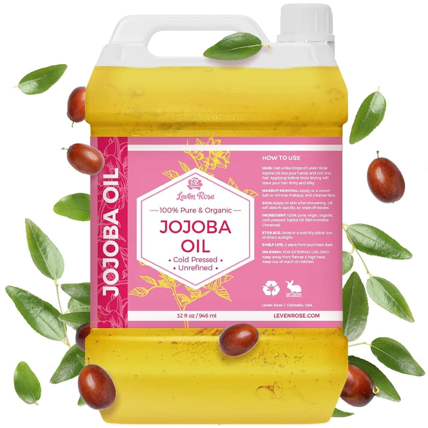 Leven Rose Jojoba Oil Bulk Wholesale Large 32 oz for Soap Skin Hair and Nails